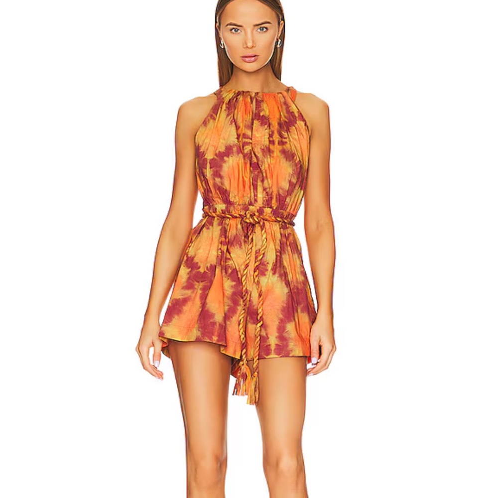 Ulla Johnson Orange and Maroon Tie-Dye Halter Romper